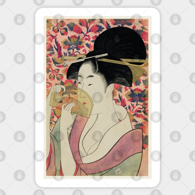 Japanese woman portrait holding a comb. Sticker by CozyCanvas